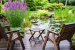 backyard garden pond seating area