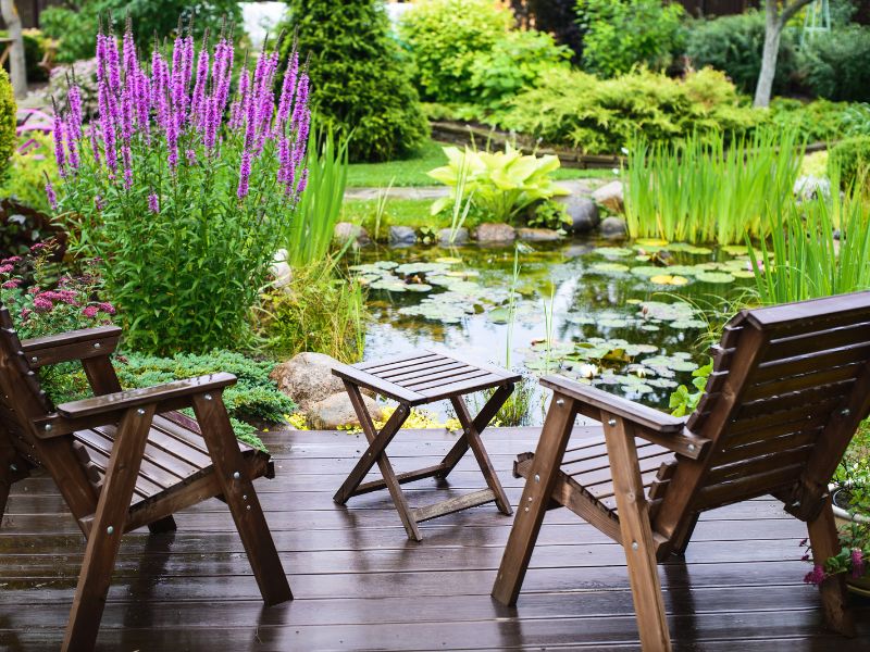backyard garden pond seating area